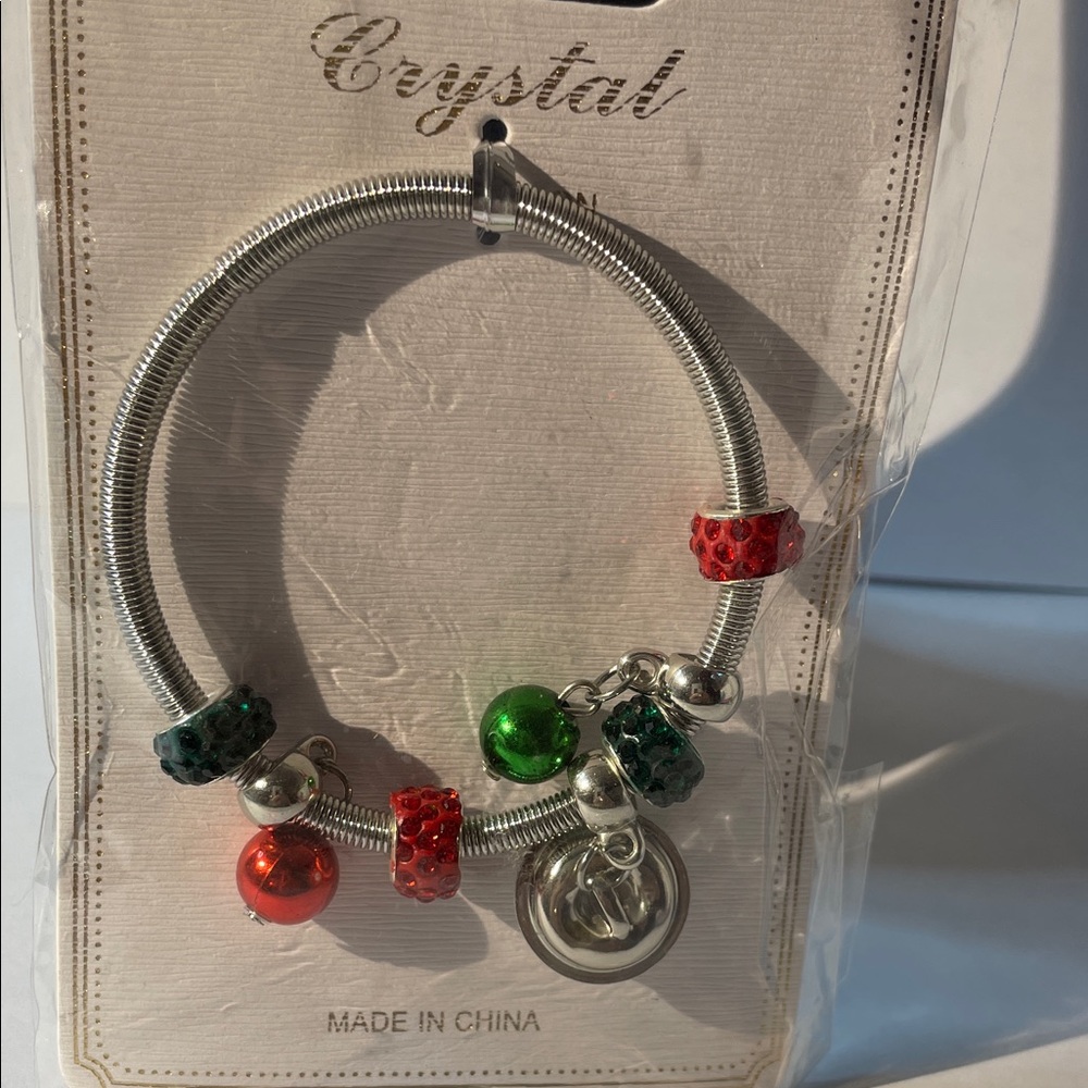 Crystal Doll Silver Bracelet with Red and Green Charms